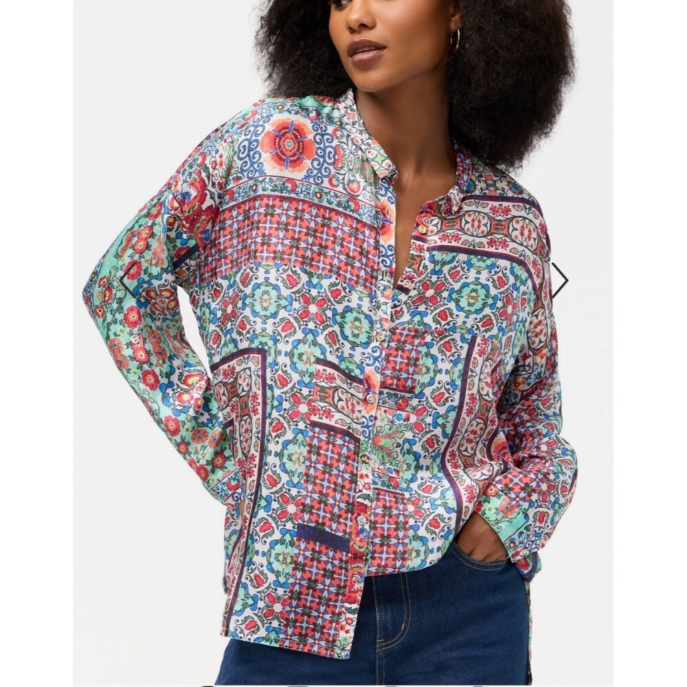Johnny Was 100% Silk Floral Patchwork Blouse, Button Front Long Sleeve Sz XL